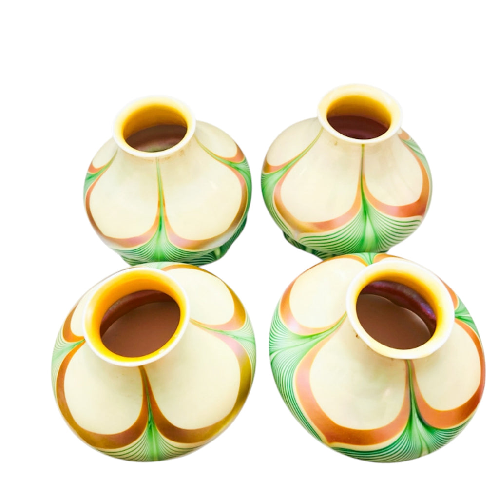 Antique Steuben Decorated Art Glass Shades with Green Feathering Trimmed in Gold Aurene Set of 4