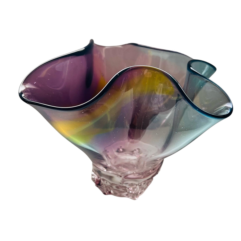 David Van Noppen Hand Blown Ruffled Edge Art Glass Bowl Vase Signed