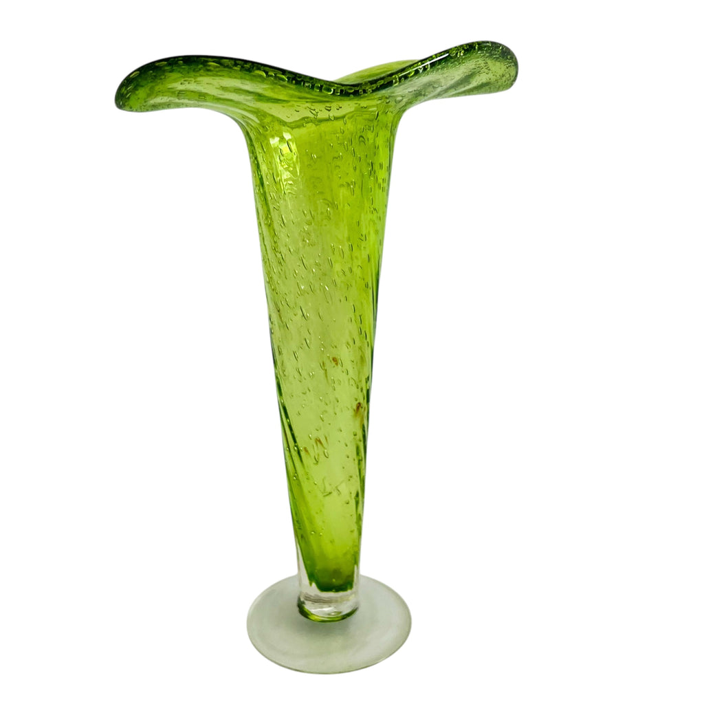 Vintage Ruffle Edge Bubble Green Clear Footed Art Glass Vase