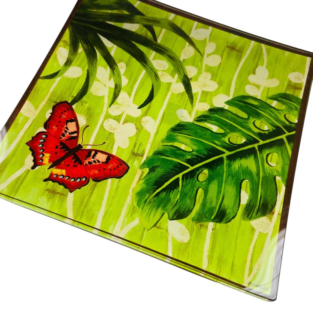 Vintage J Brinley Botanical Art Glass Hot Plate Tiles