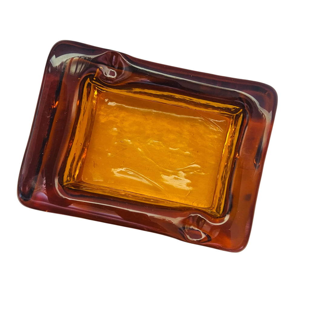 Vintage Mid Century Modern Heavy Amber Art Glass Ashtray
