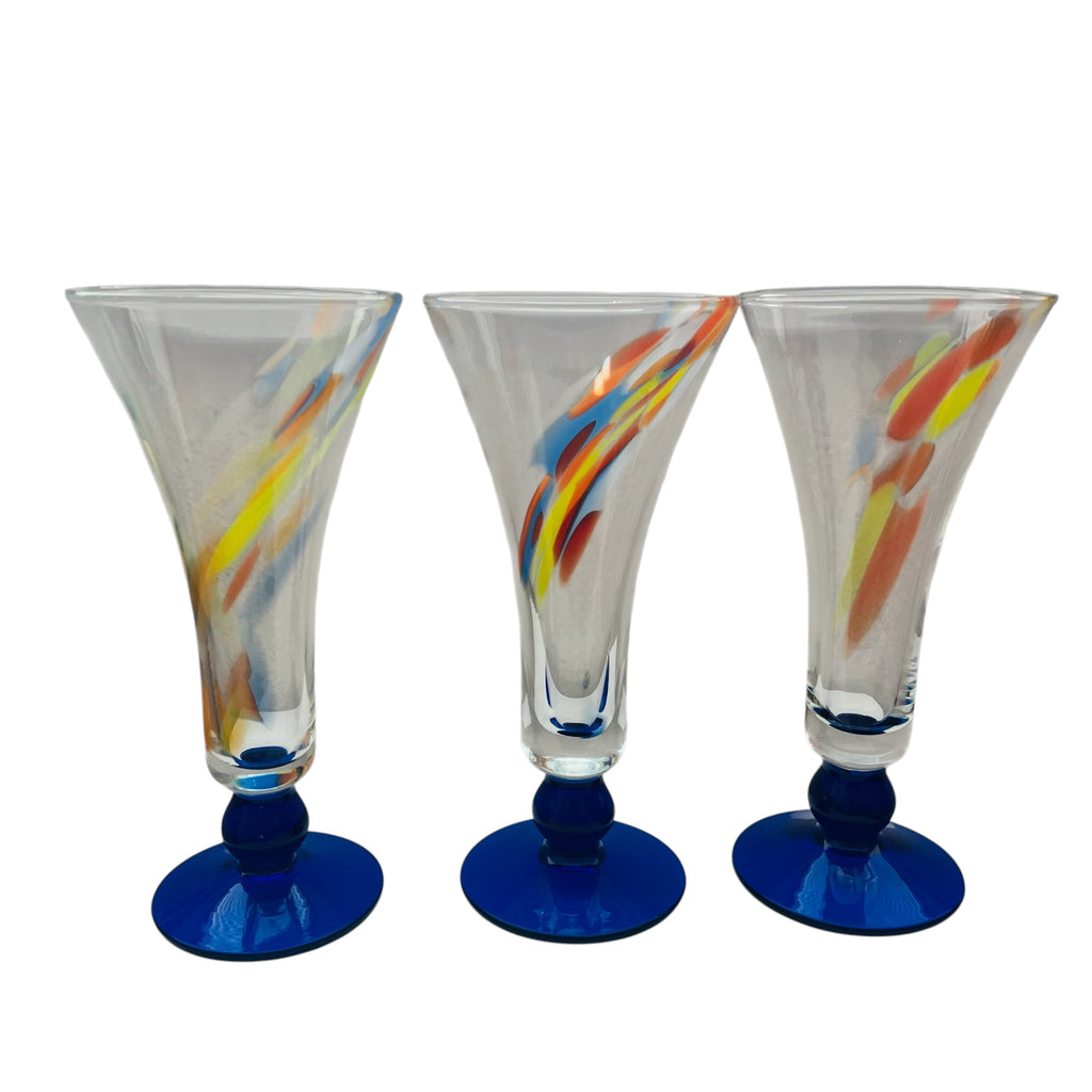 Art Glass Confetti Swirl Vase Cobalt Blue Base Hand Made In Romania Set of 3