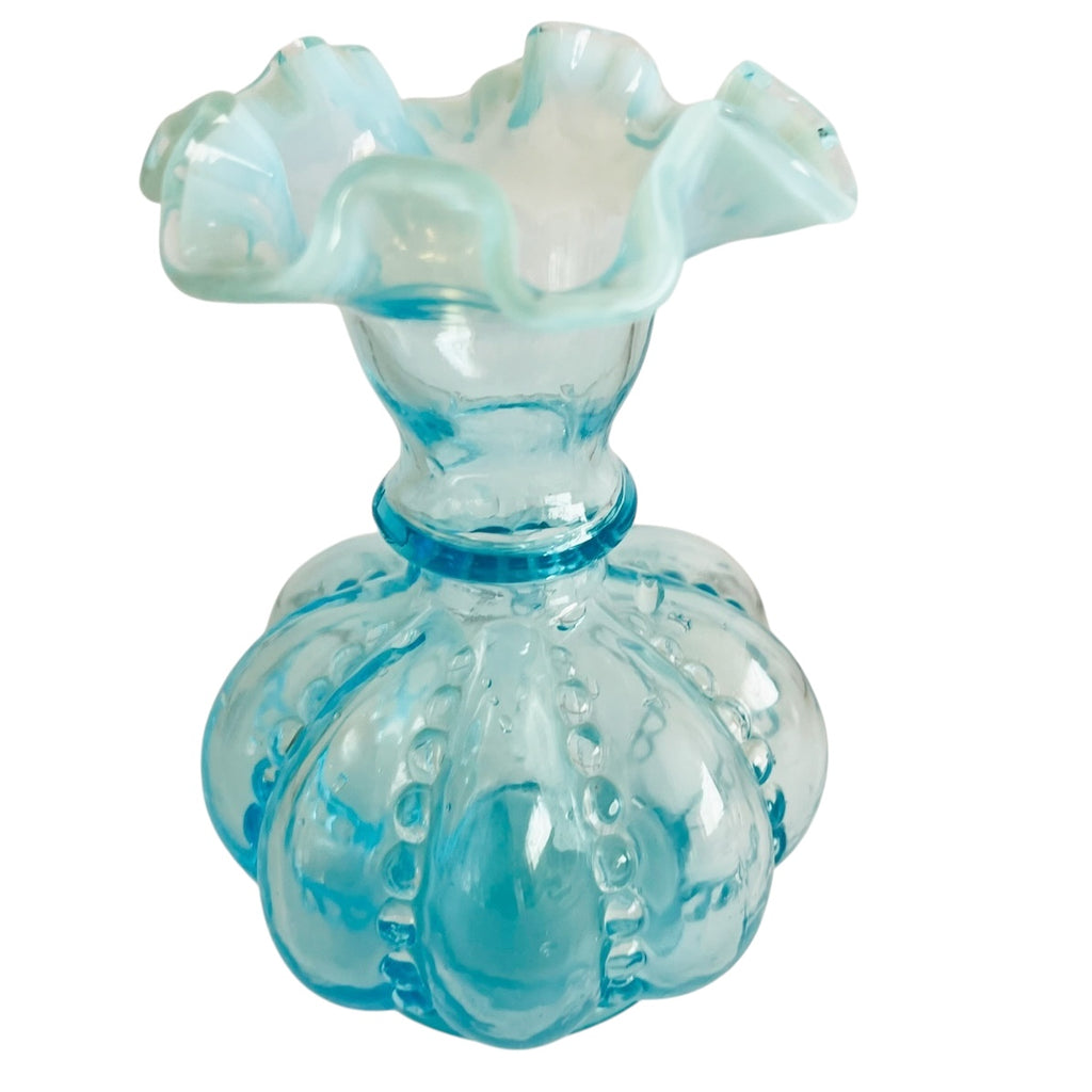 Vintage Fenton Aqua Blue Opalescent Melon Beaded Vase