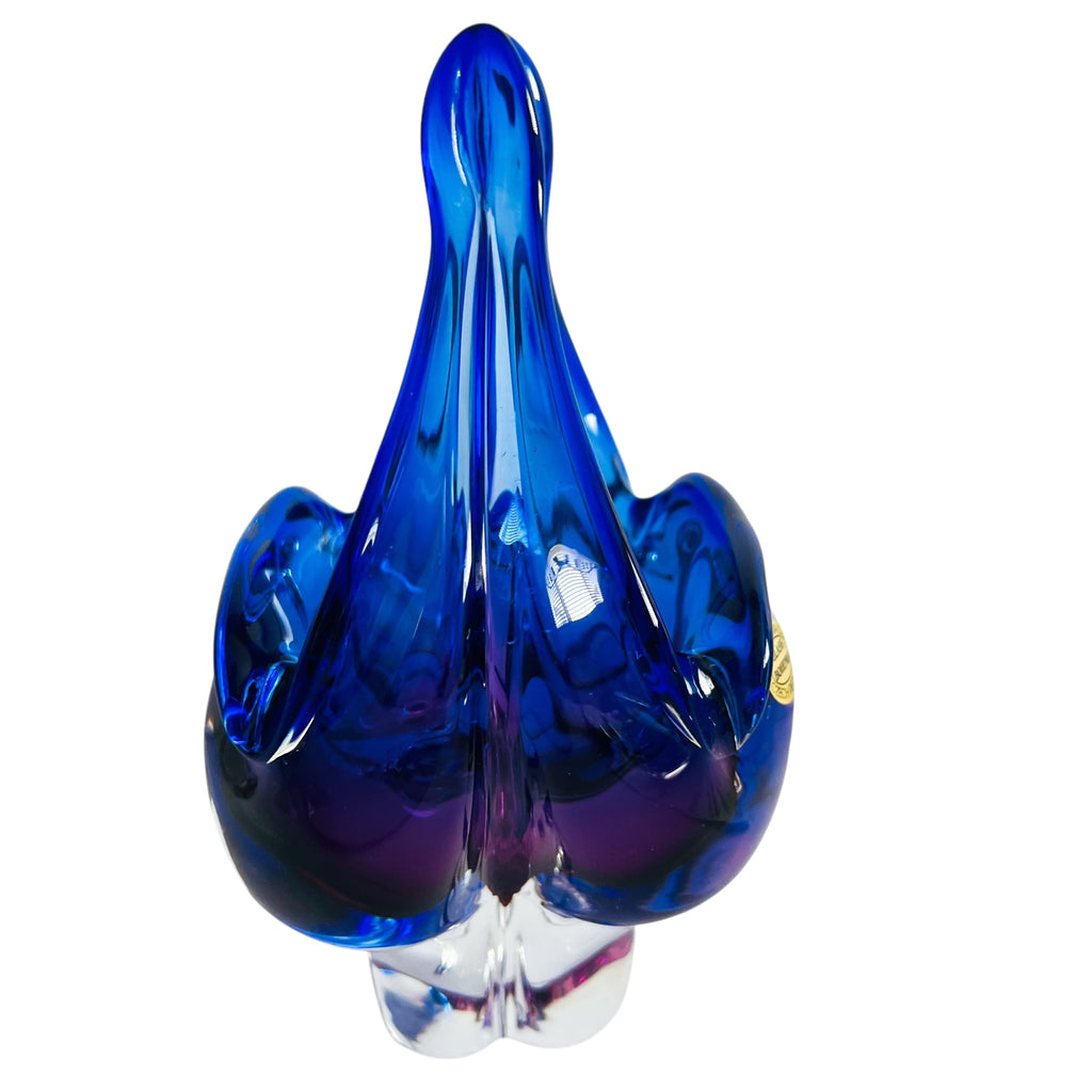 Vintage Czech Republic Art Bohemian Glass Hand Made Basket Bowl