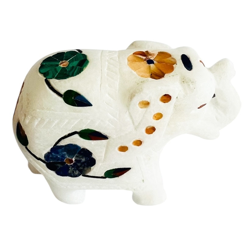 Vintage White Marble Elephant Sculpture Floral Gemstone Figurine