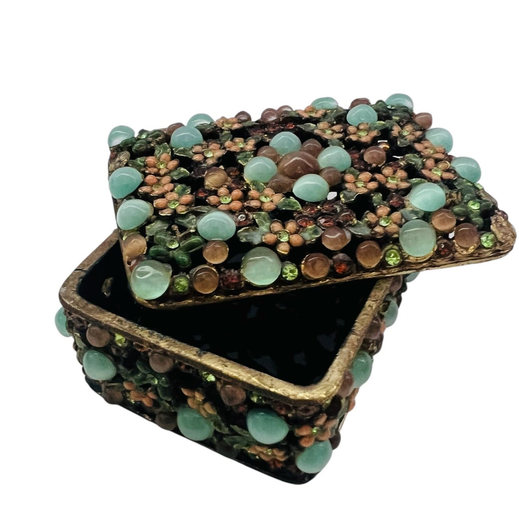 Vintage Trinket Jeweled Floral Filigree Enamel Box with Lid