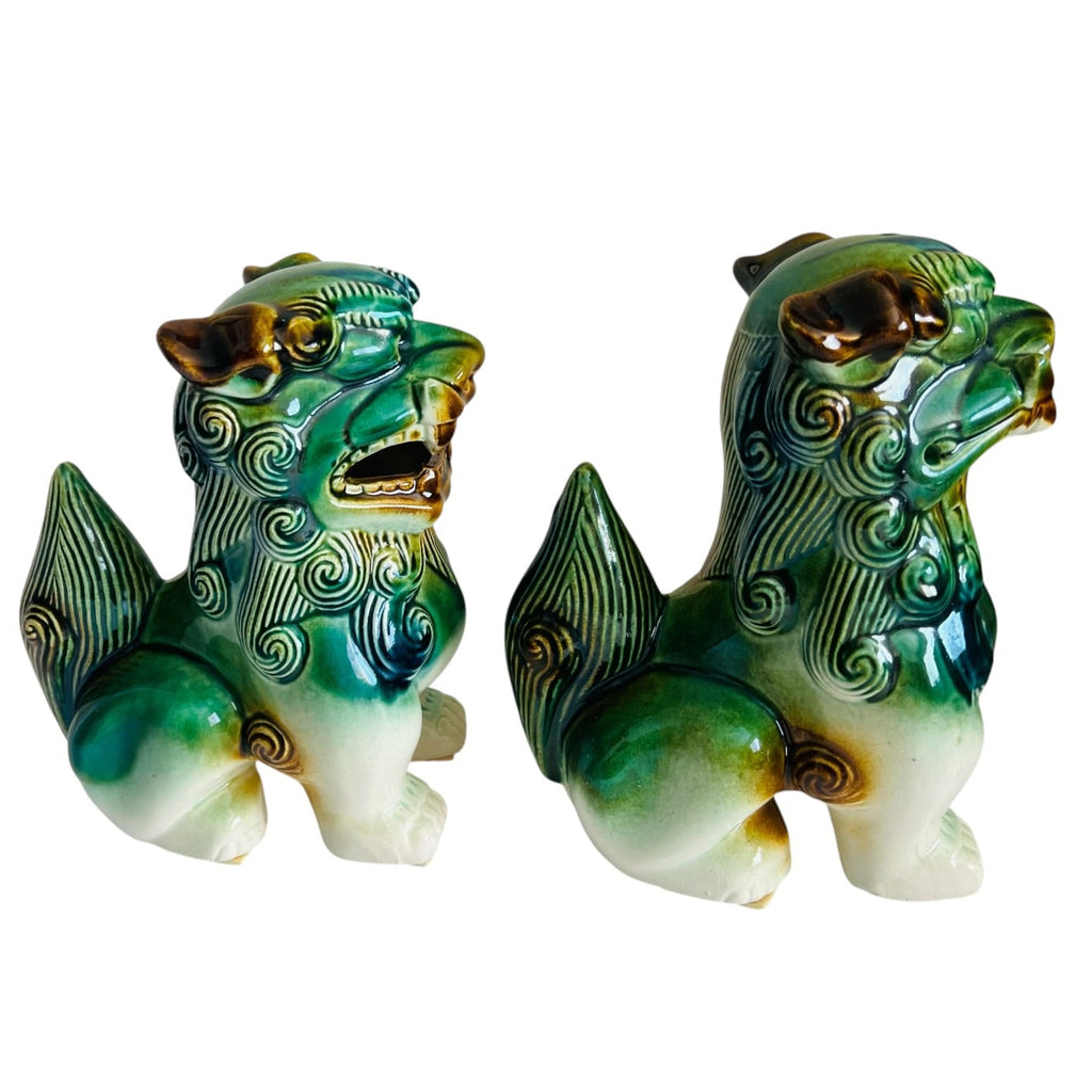 Vintage Green Ceramic Foo Dog Statues - Pair