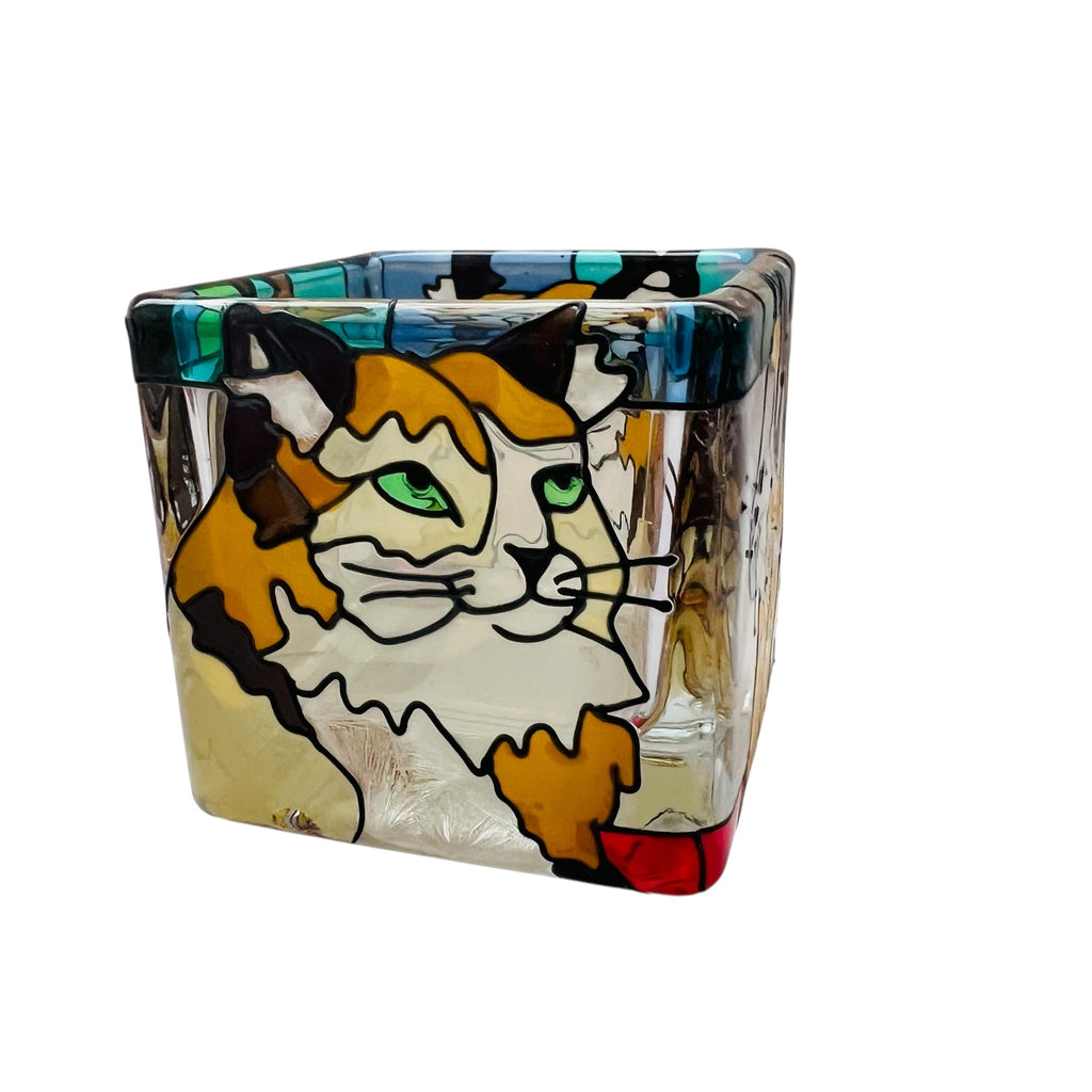Vintage Stained Glass Tiffany Cats Tealight Candle Holder