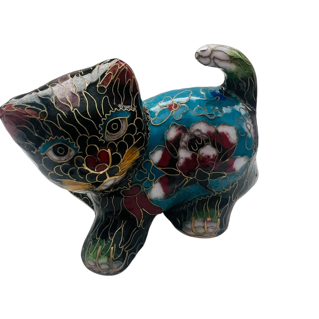 Vintage Chinese Cloisonne Copper Brass Enamel Cat Figurine Statue