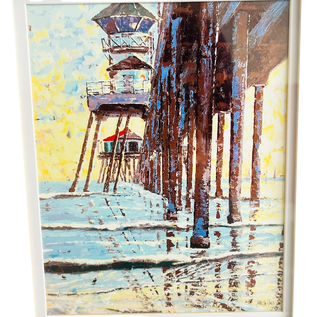 Artist Signed Huntington Beach Pier Matted Framed Coastal Pier Artwork