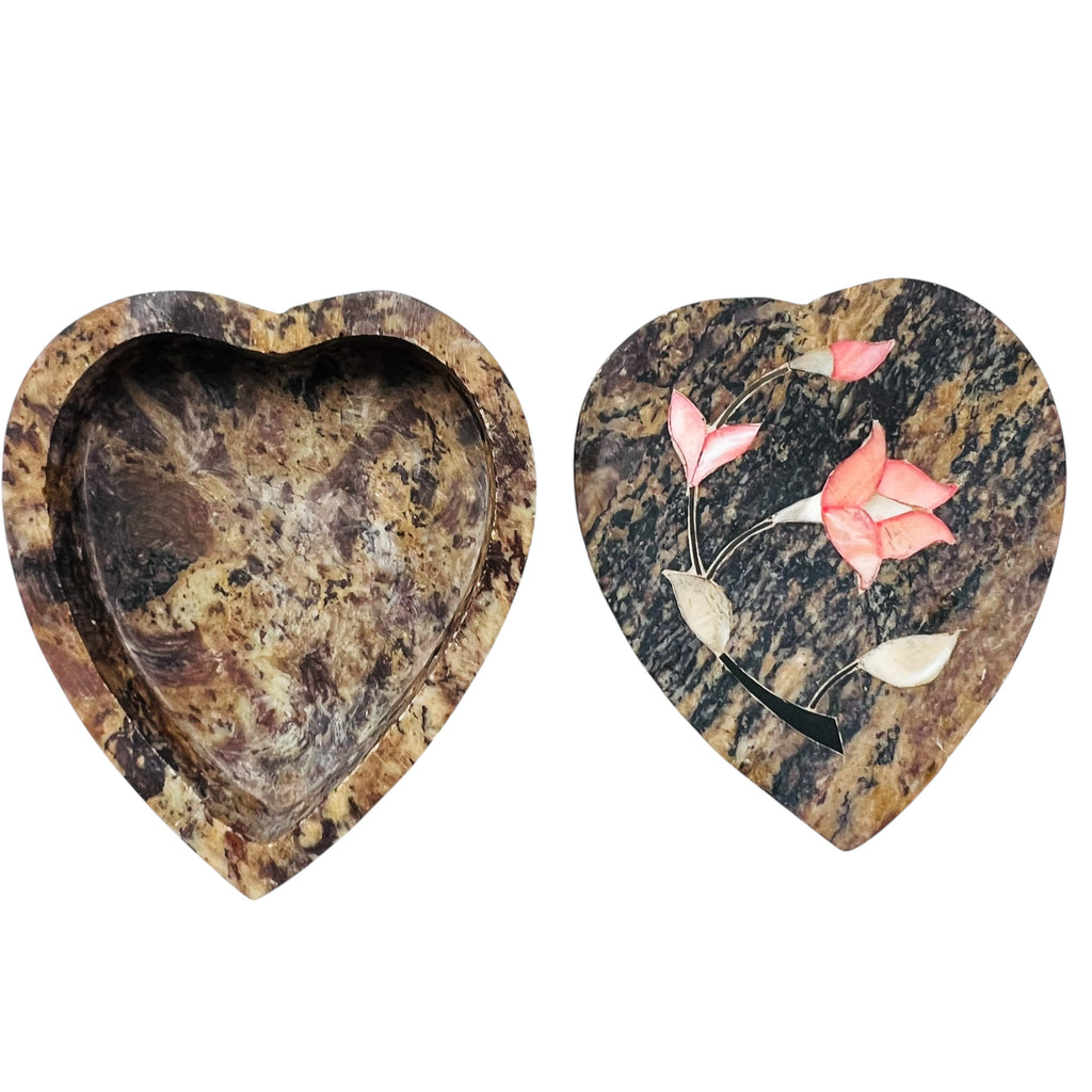 Heart Shaped Stone Pink Inlay Flowers Trinket Box