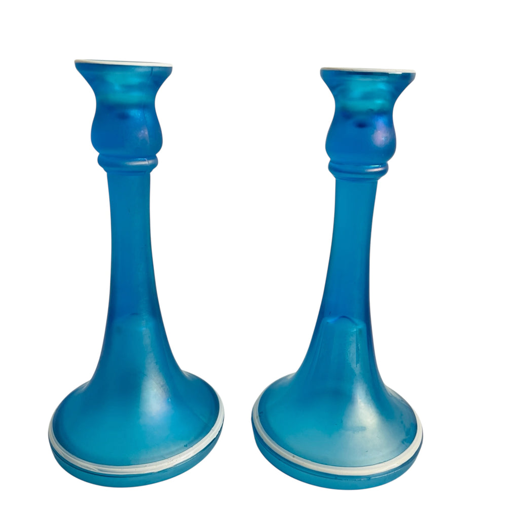 Dugan Diamond Celeste Blue Glass Enameled White Trim Candle Holders