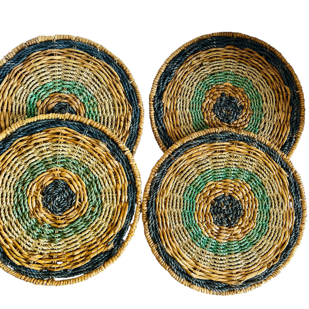 Handwoven Round Seagrass Placemats with Green & Navy Accents (Set of 4)
