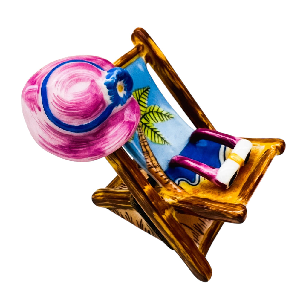 Limoges Rochard France Beach Chair with Palm tree and Pink Hat Box