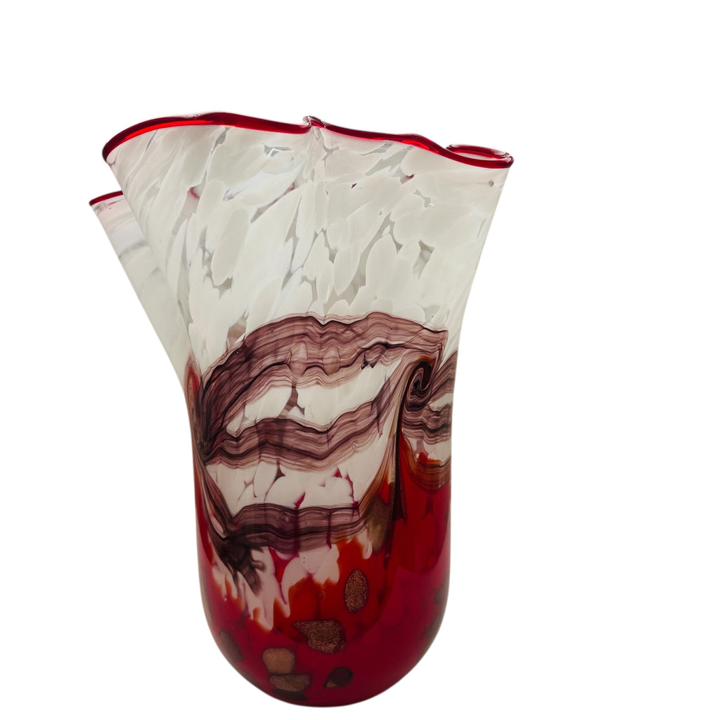Vintage Art Red Glass Red and White Gold Swirled Ruffle Vase