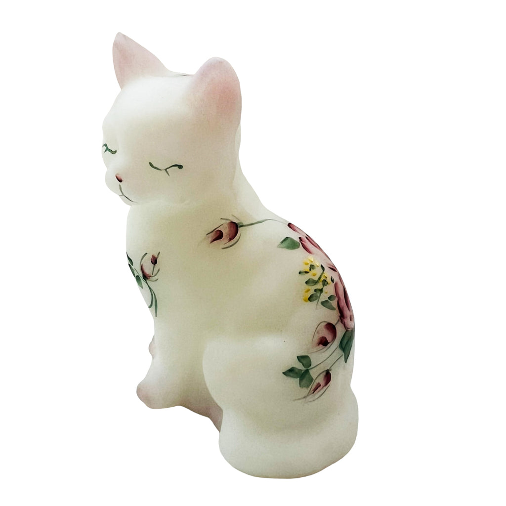 Vintage Fenton Rose Garden Cat Hand Painted Signed Figurine