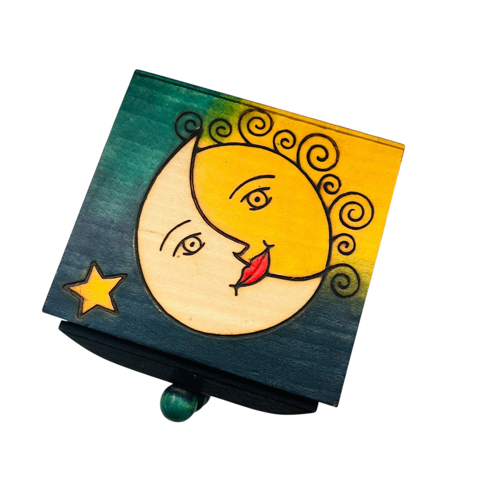 Vintage Sun Moon & Stars Wood Jewelry Trinket Box