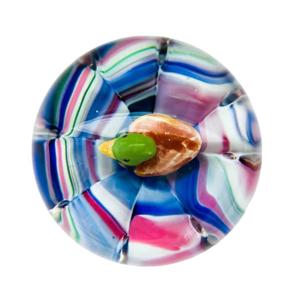 Vintage Duck Decoy Art Glass Round Paperweight