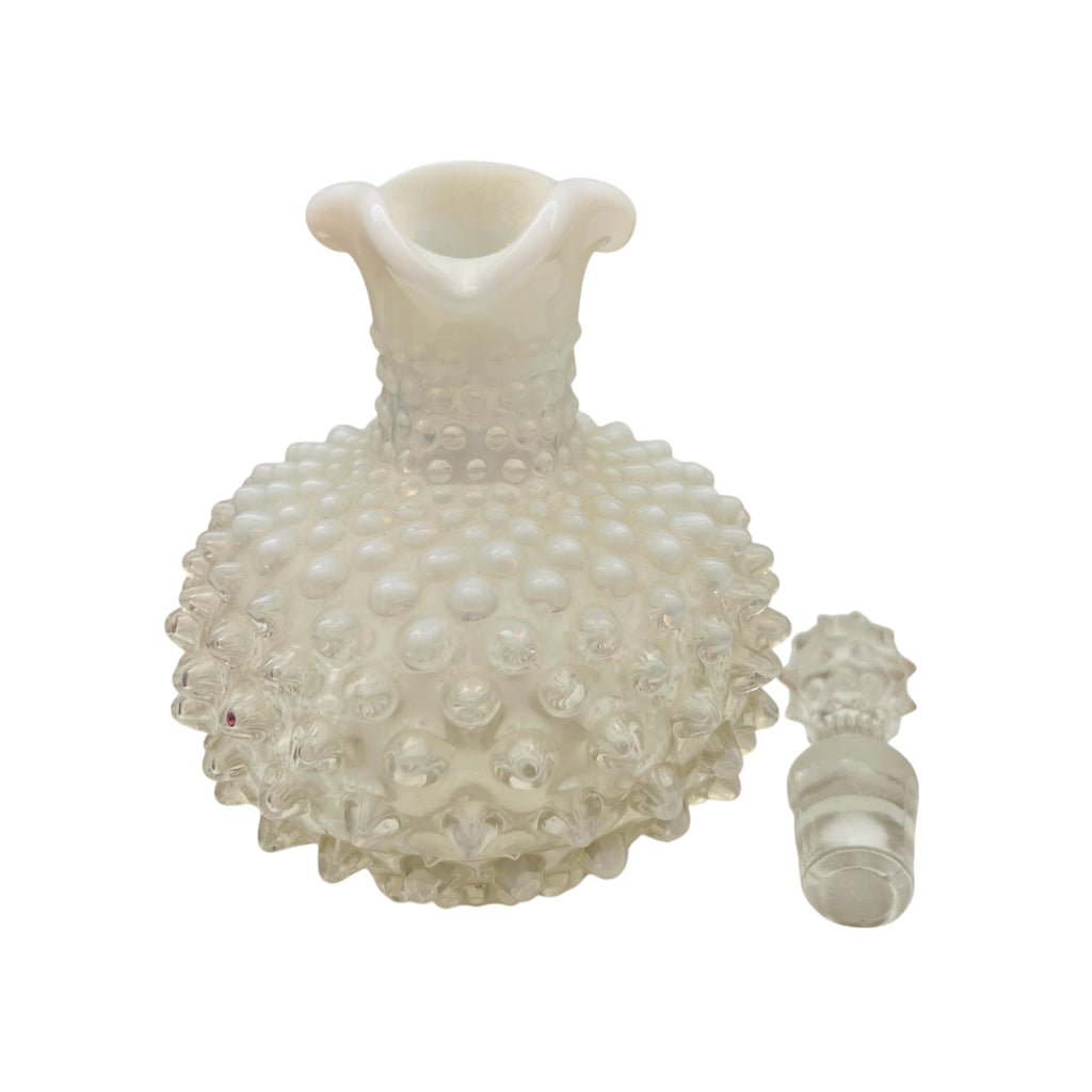 Vintage Fenton Glass Hobnail White Opalescent Clear Handle Cruet