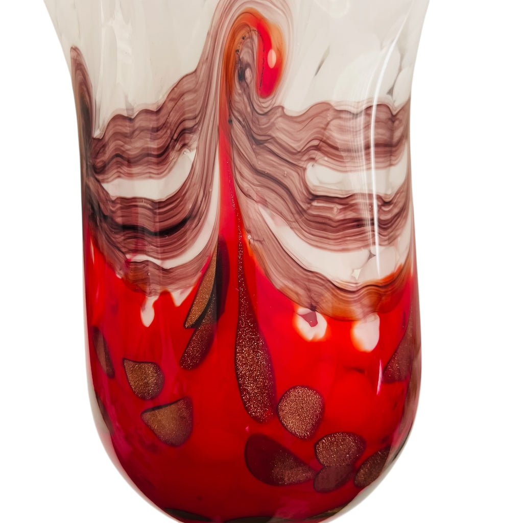 Vintage Art Red Glass Red and White Gold Swirled Ruffle Vase