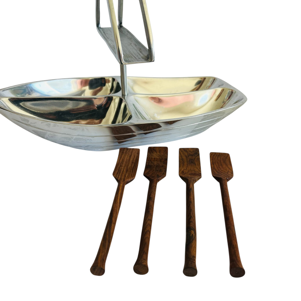 Godinger Rowboat Serving Bowl Napkin Holder & Mini Wooden Oar Serving Spoons