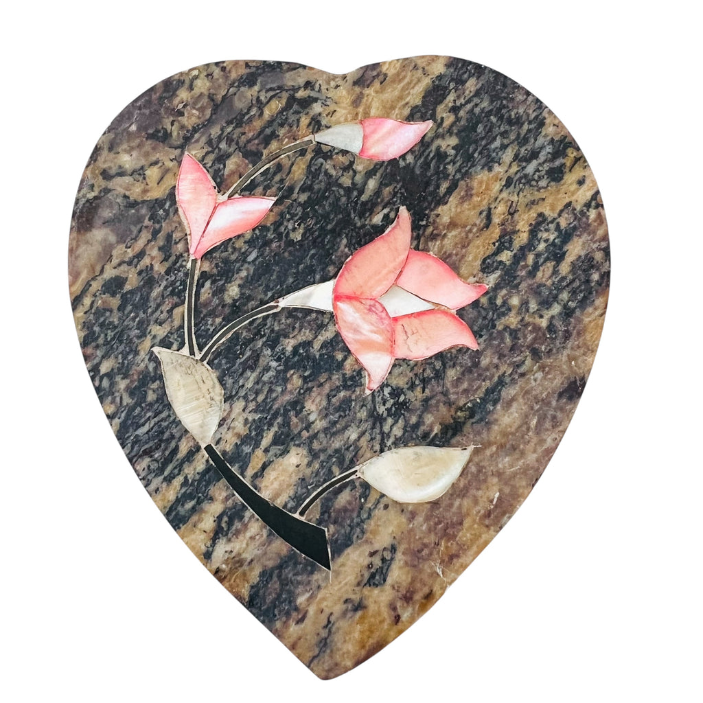 Heart Shaped Stone Pink Inlay Flowers Trinket Box