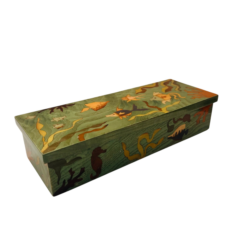Vintage Hand-Painted Ocean Motif Wooden Lacquer Hinged Trinket Box
