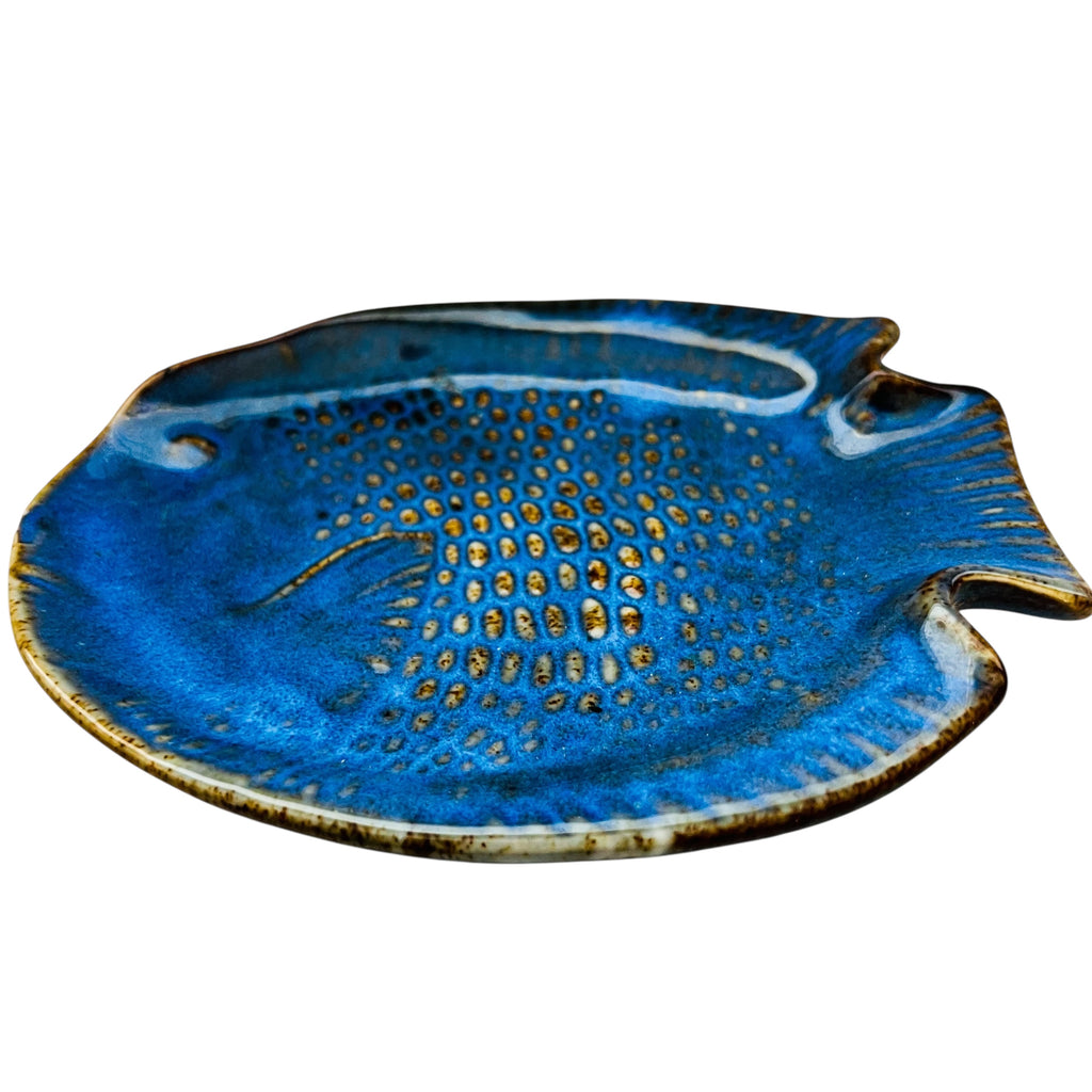 Vintage Kotobuki Cobalt Blue Fish Pottery Dish Plate