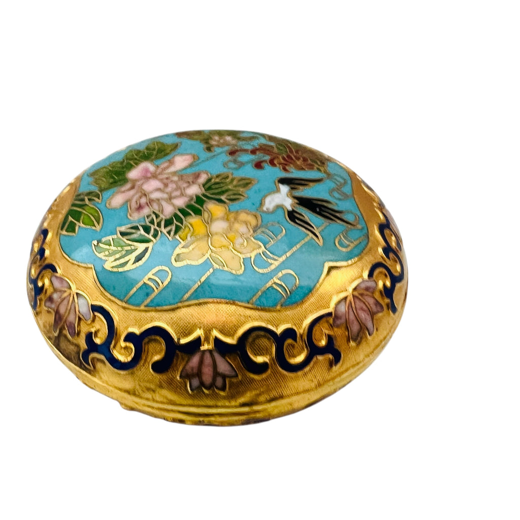 Vintage Cloisonné Gold Bird Floral Flowers Lidded Trinket