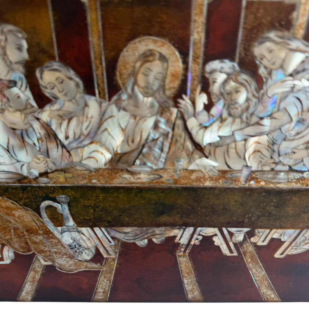 Vintage Mid Century Mother of Pearl Inlaid Jesus Last Supper Resin Plaque Wall