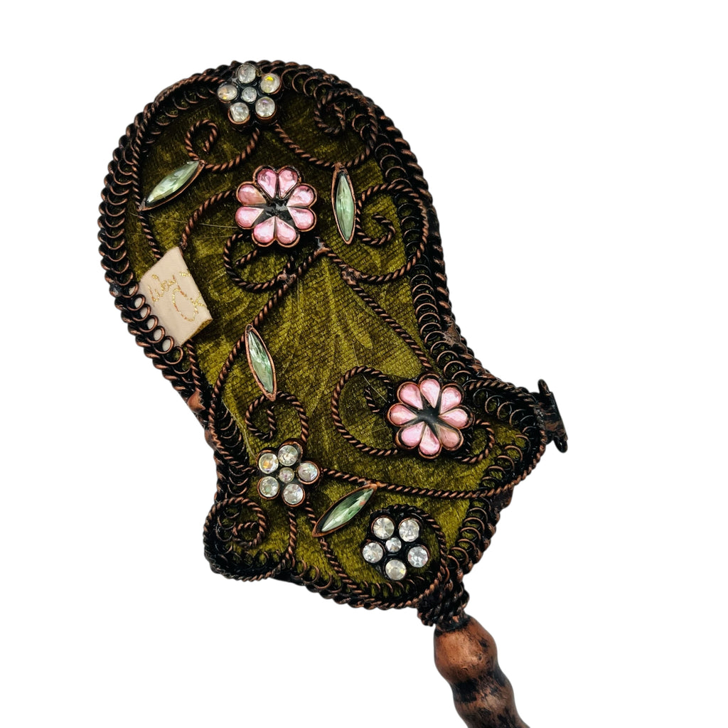 Vintage Wayne M. Kelski Embroidered Handheld Mirror with Floral Design