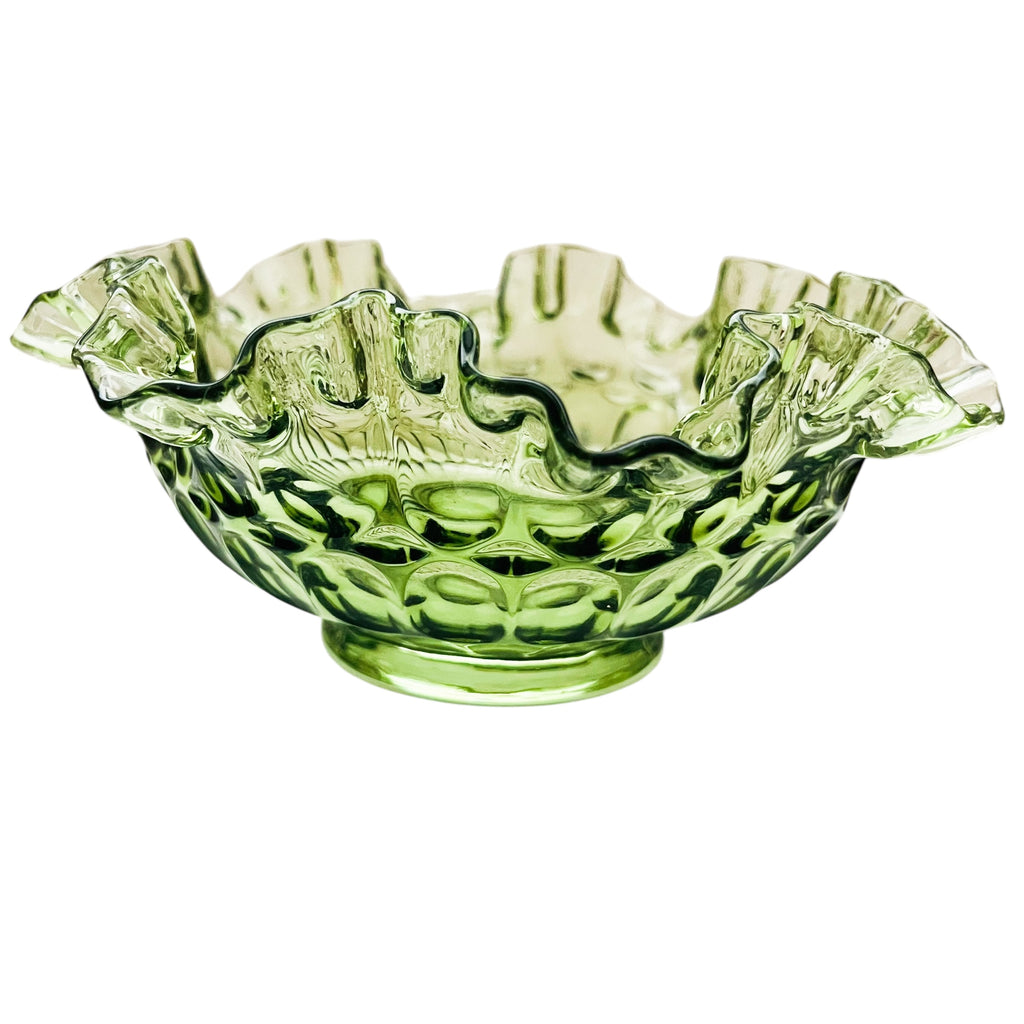 Vintage Fenton Colonial Green Thumbprint Round Ruffle Edge Bowl