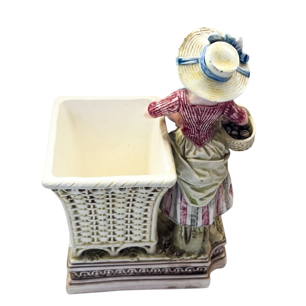 Antique Bisque Porcelain Figure Lady Planter Figurine