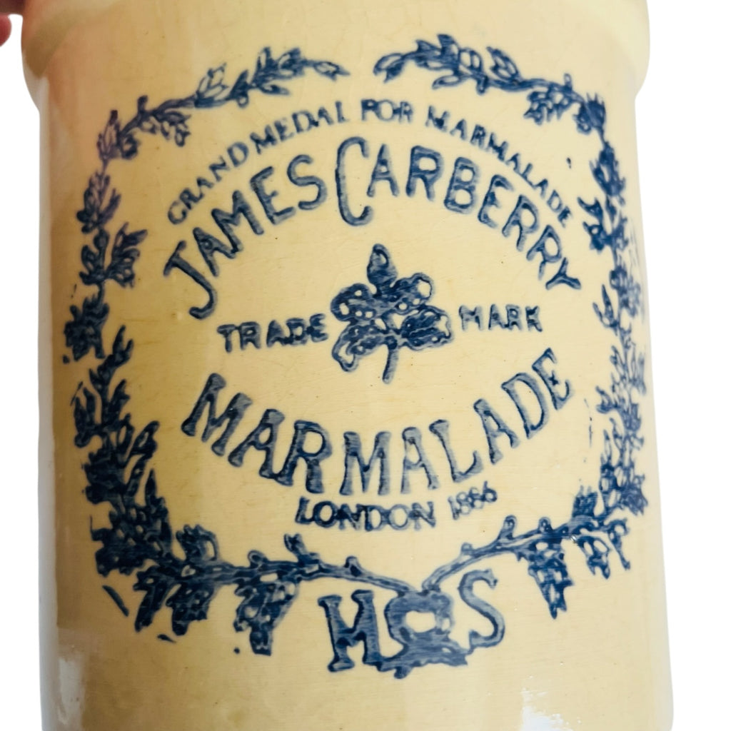 Vintage Blue James Carberry Marmalade Crock Stoneware Pottery Farmhouse