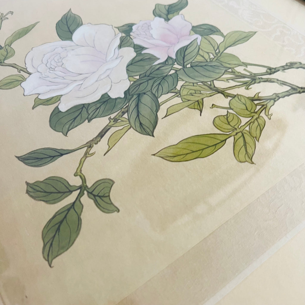 Chinese Watercolor Gouache Floral Butterfly Paintings in Gold Frame Pair