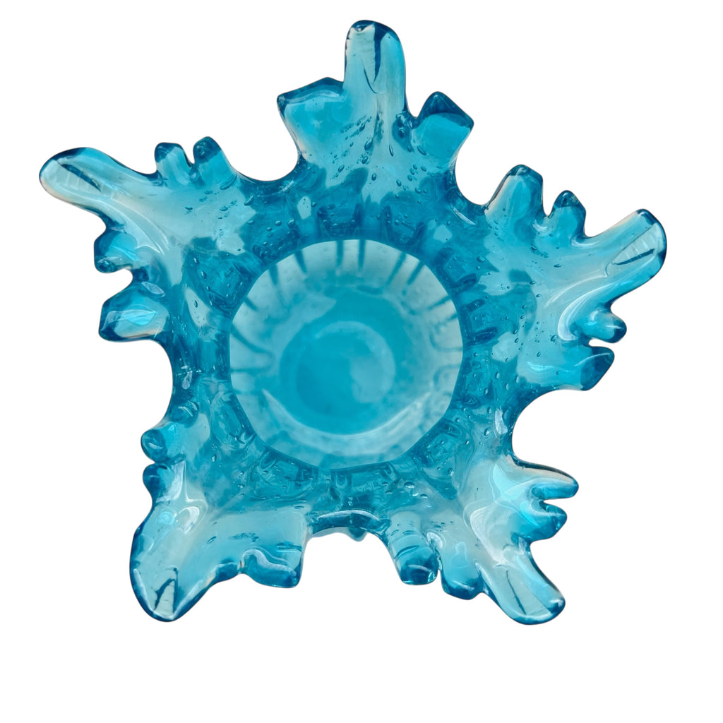 Vintage Hand Blown Aqua Blue Ribbed Rim Glass Vase