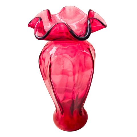 Vintage Fenton Ruffle Top Cranberry Melon Sided Vase