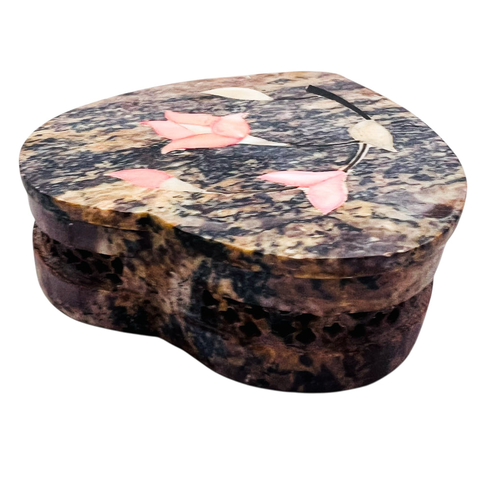 Heart Shaped Stone Pink Inlay Flowers Trinket Box