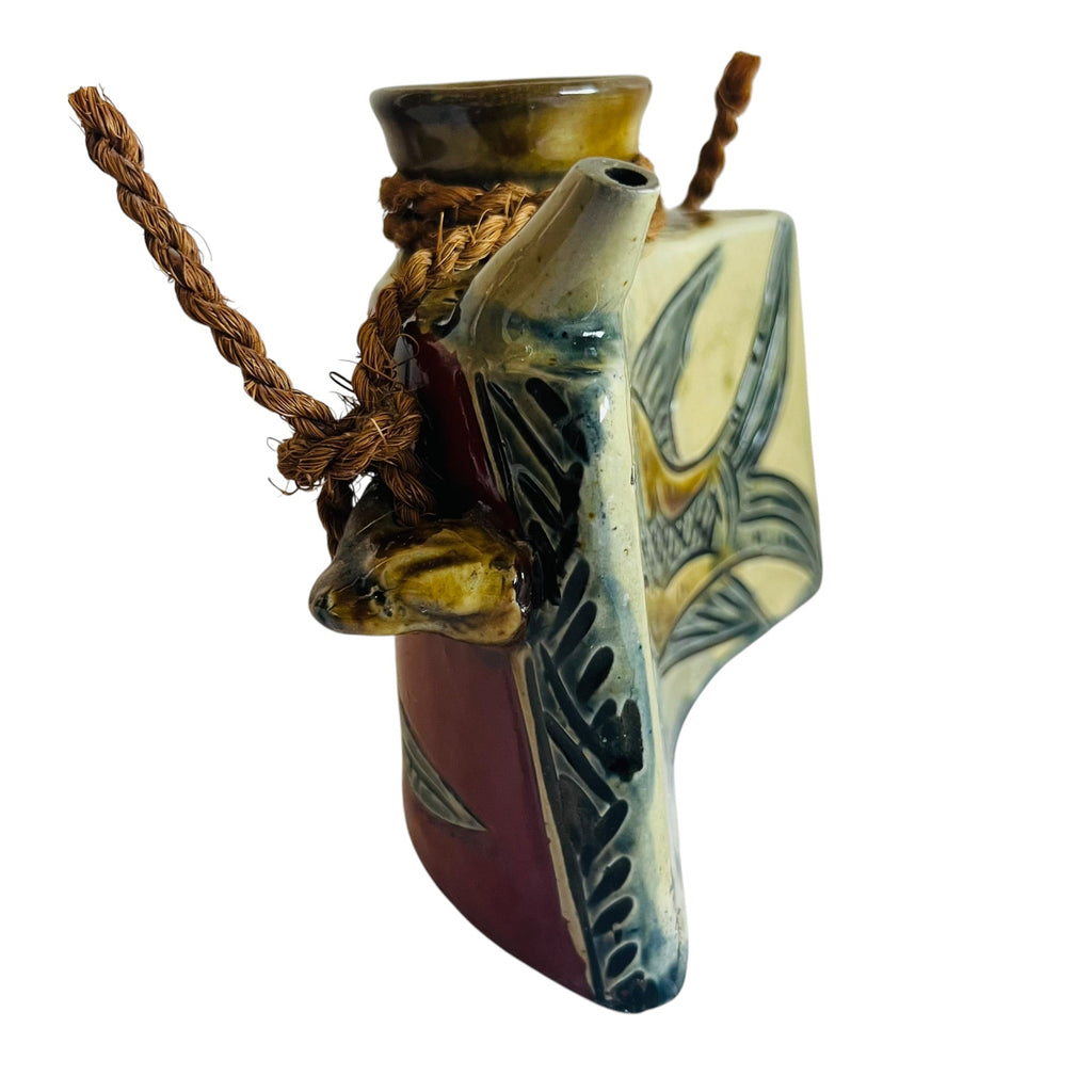 Vintage Japanese Tsuboya Ceramic Okinawan Pottery Hip Signed Fish Design Flask