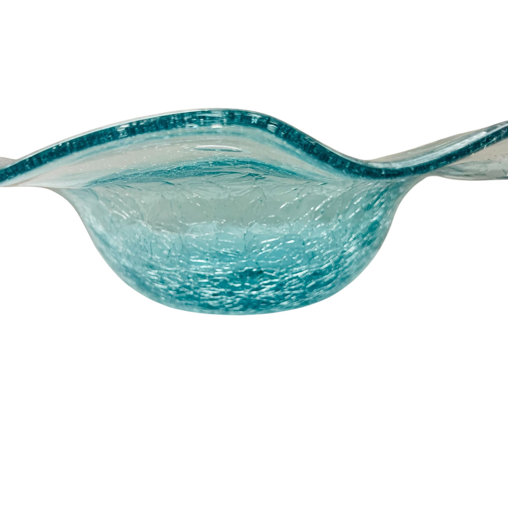 Vintage Hand Blown Sky Blue Crackle Ruffled Wavy Top Rim Art Glass Bowl