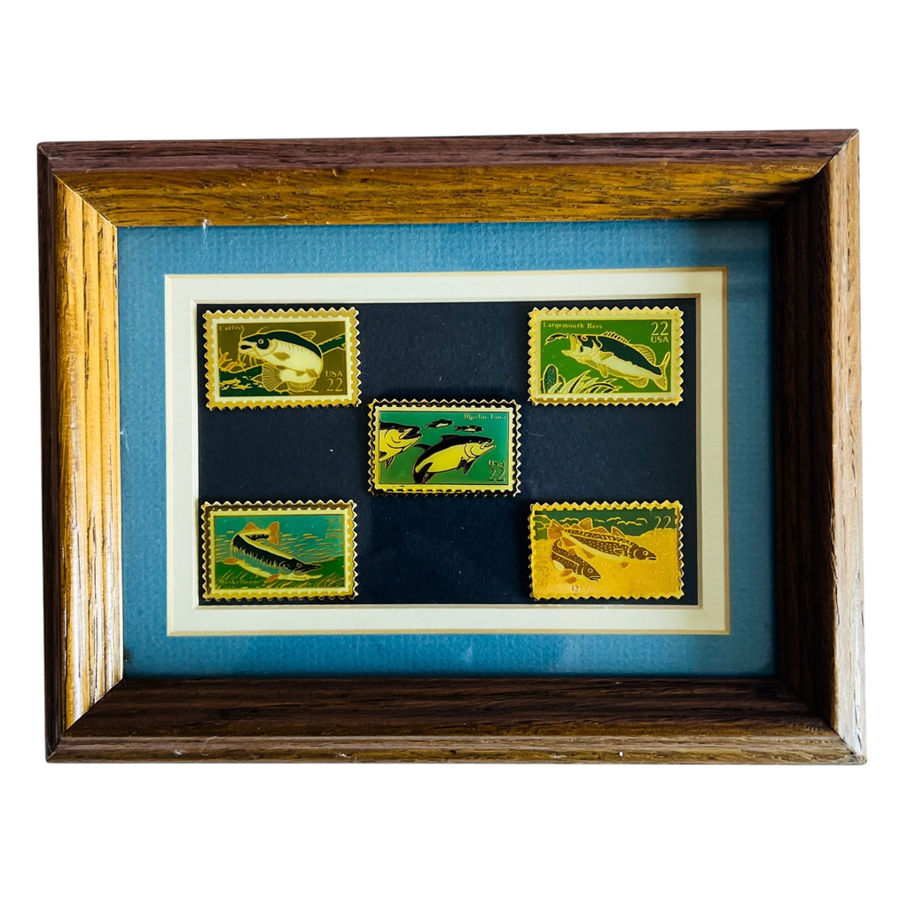 Vintage Fish USA USPS Postage Stamp Metal Lapel Pin Lot Matted & Framed
