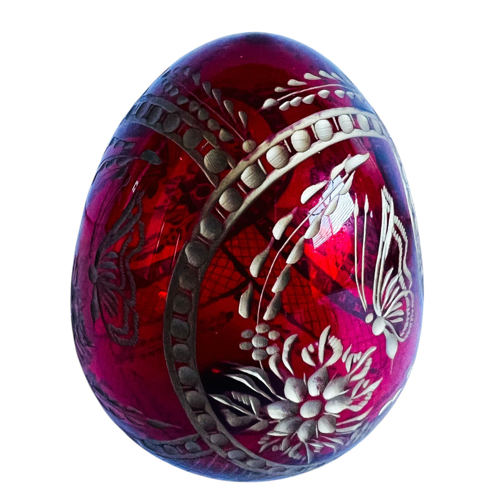 Vintage Faberge Style St. Petersburg Russia Ruby Red Etched Glass Egg