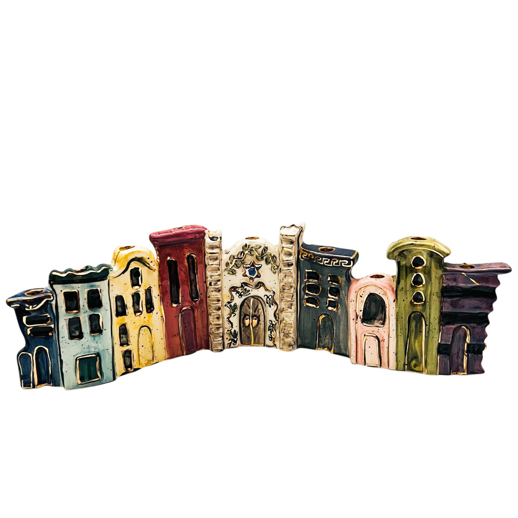 Vintage Blue Sky Clayworks Heather Goldminc 2000 Ceramic Happy Hanukkah Menorah Candle Holder