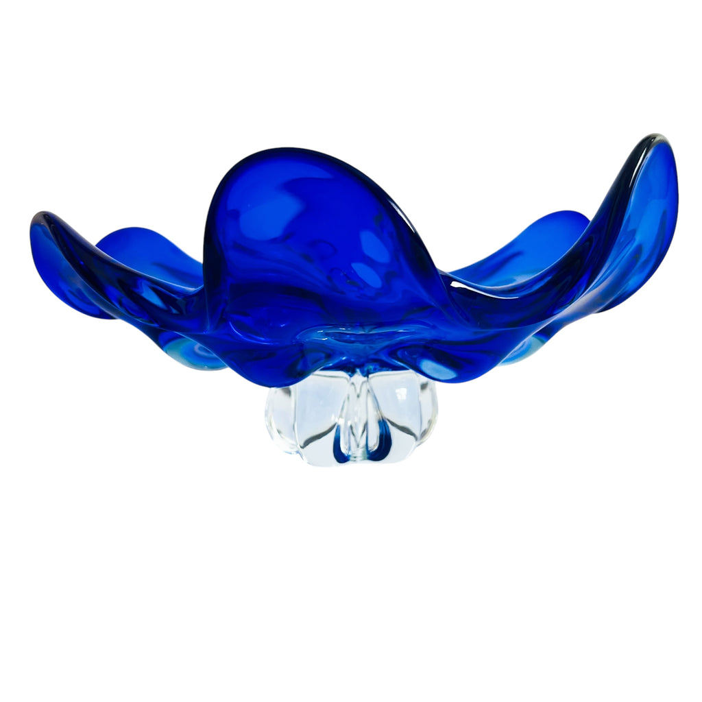 Vintage Czech Bohemian Blue Clear Base Glass Bowl