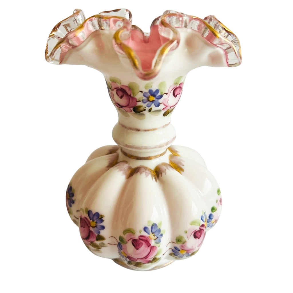 Vintage Fenton Hand Painted Charleston Melon Crest Floral Vase