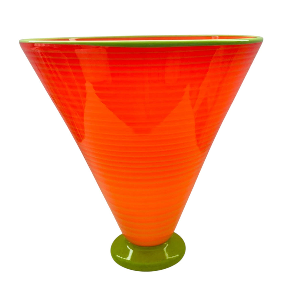 Mid‑Century Modern Lime Green Rim Orange Art Glass Signed Vase