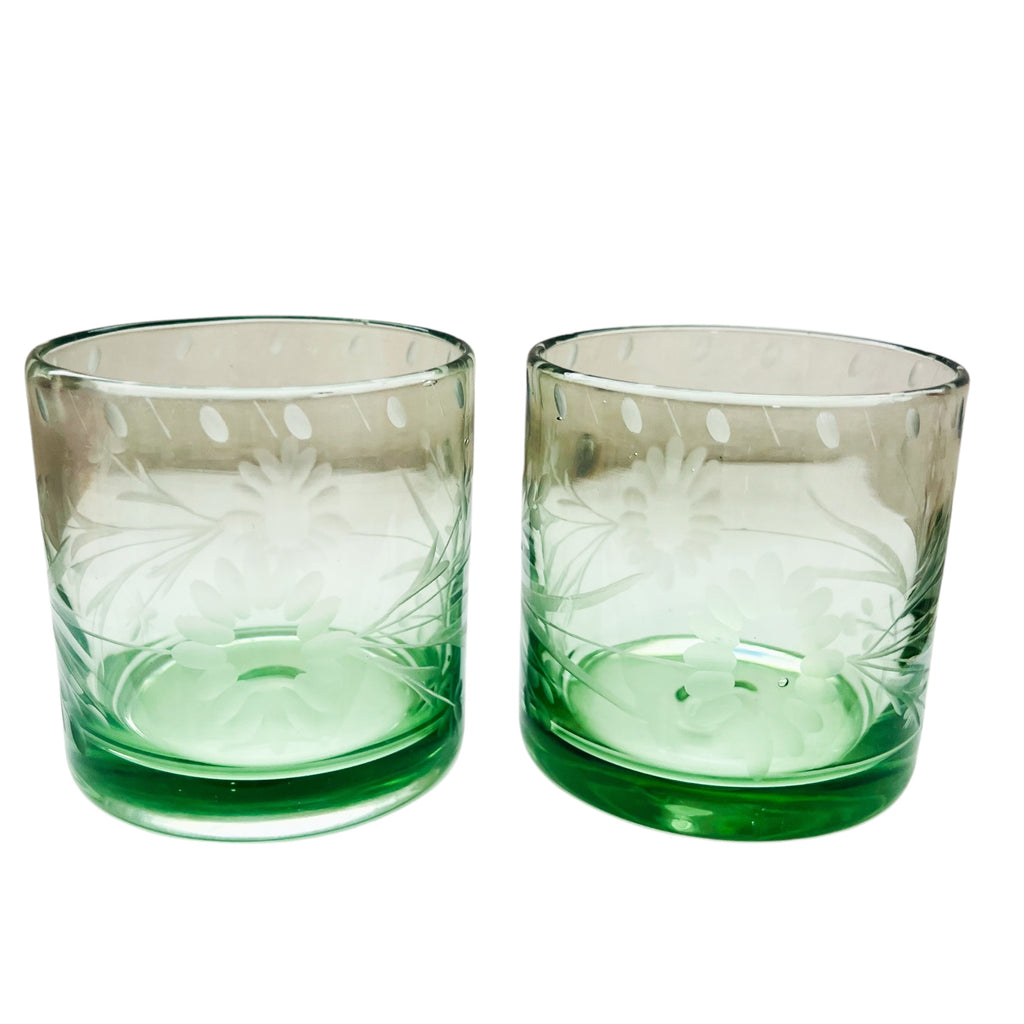 Bobby Flay Etched Green Double Old Fashioned Glassware Glasses