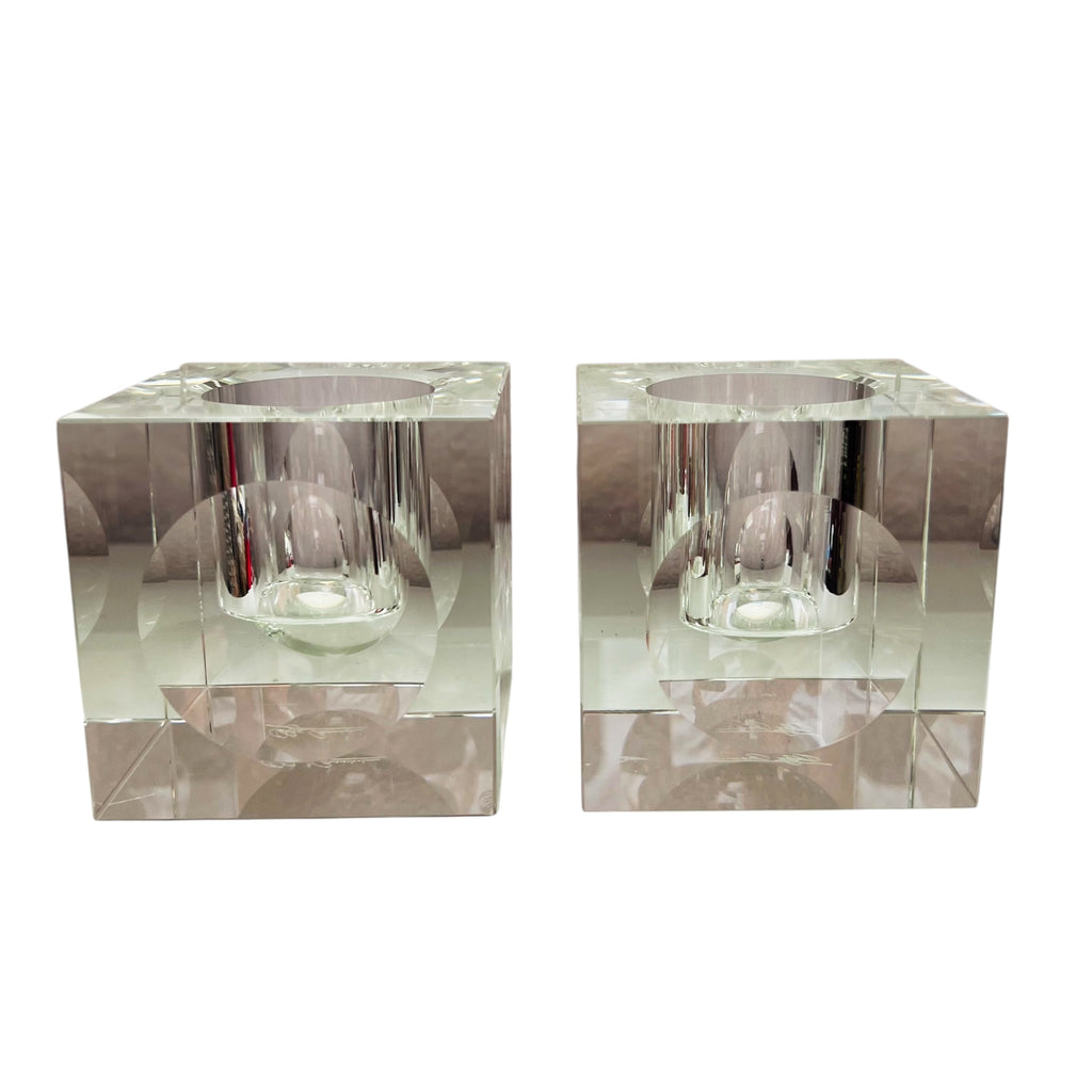 Vintage OLEG CASSINI Crystal Square Votive Holder Signed -Pair