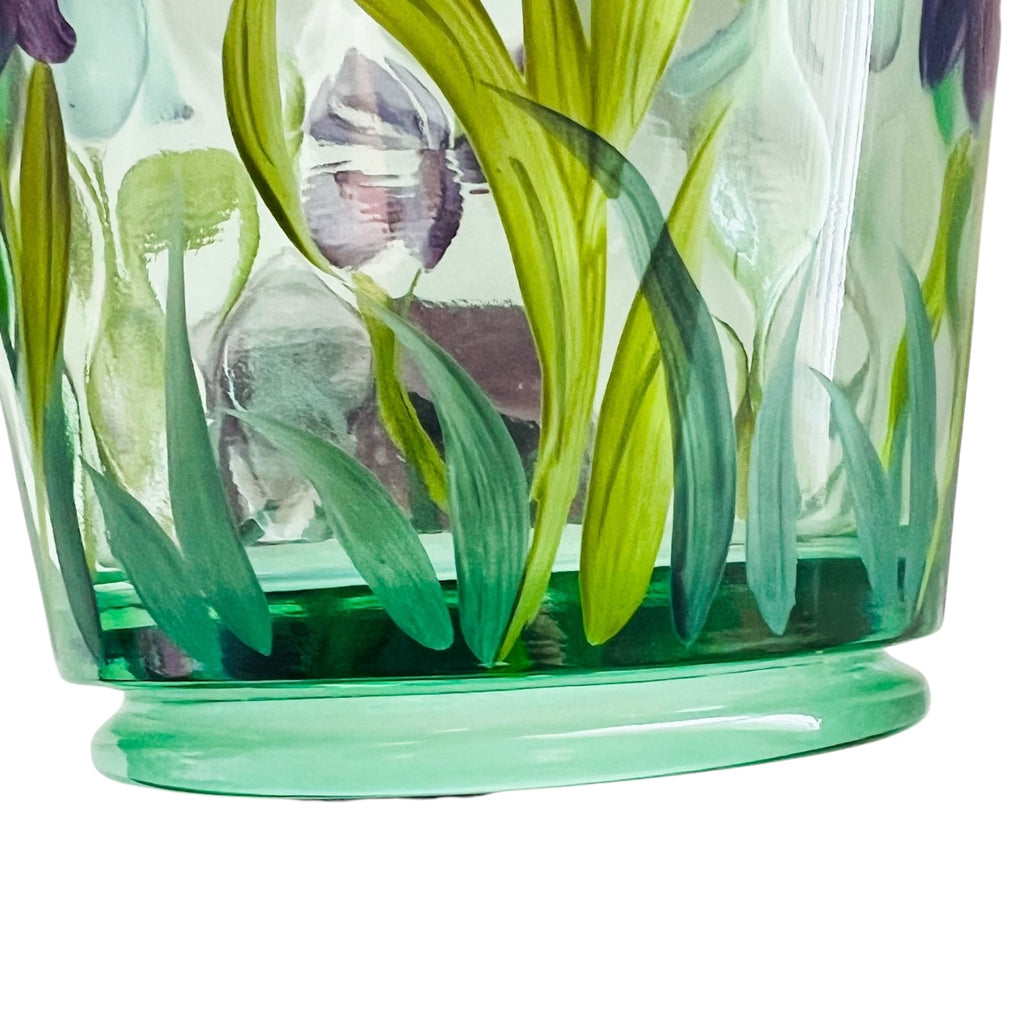 Fenton Hand Painted Floral Flip Vase Opalescent Optic Green Vase with Stand
