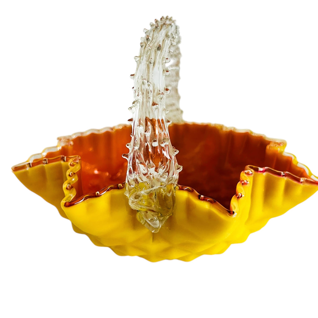 Vintage Yellow Cased With Thorn Handle & Crimped Edge Art Glass Basket
